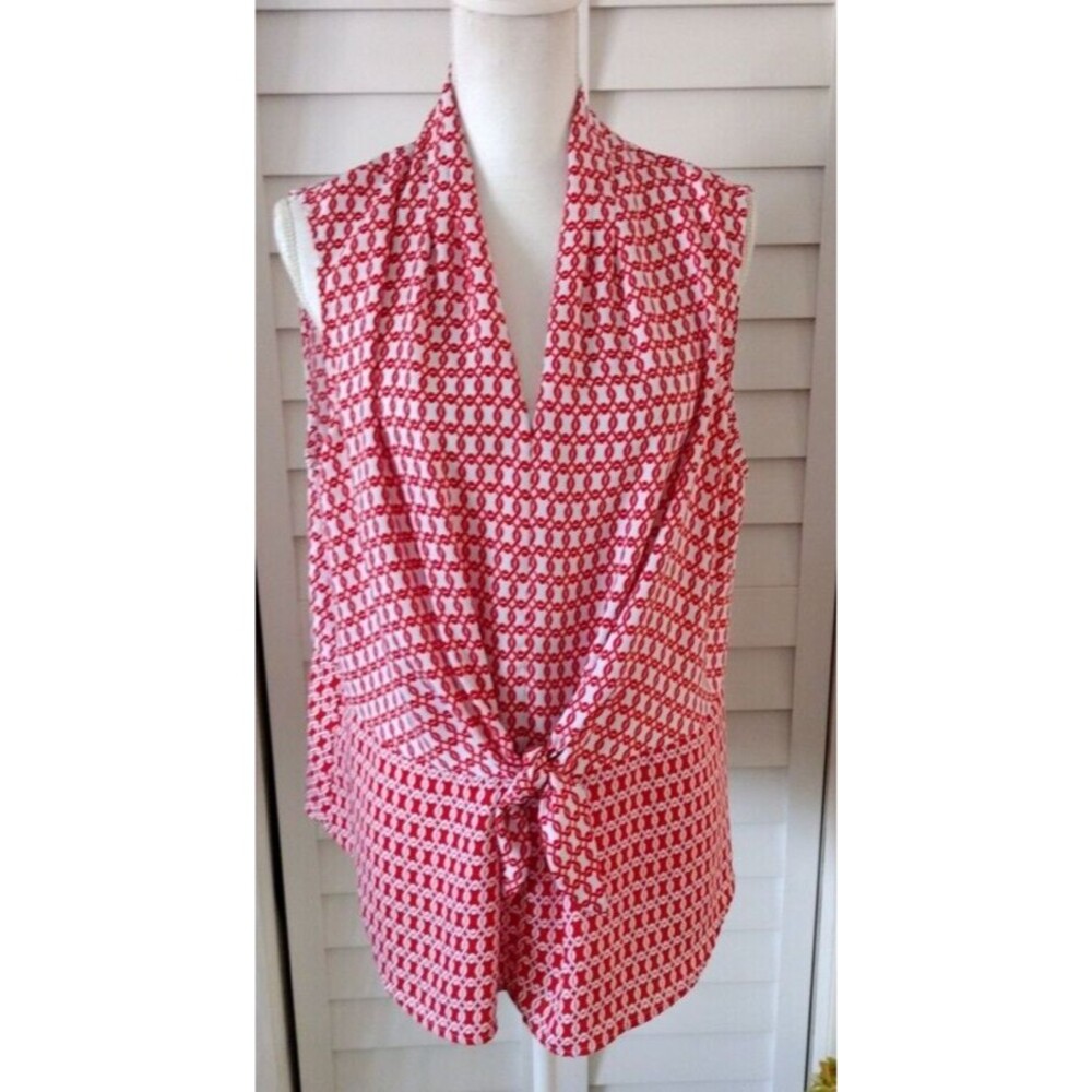Liz Claiborne Career red & white sleeveless tie waist blouse slimming women's XL